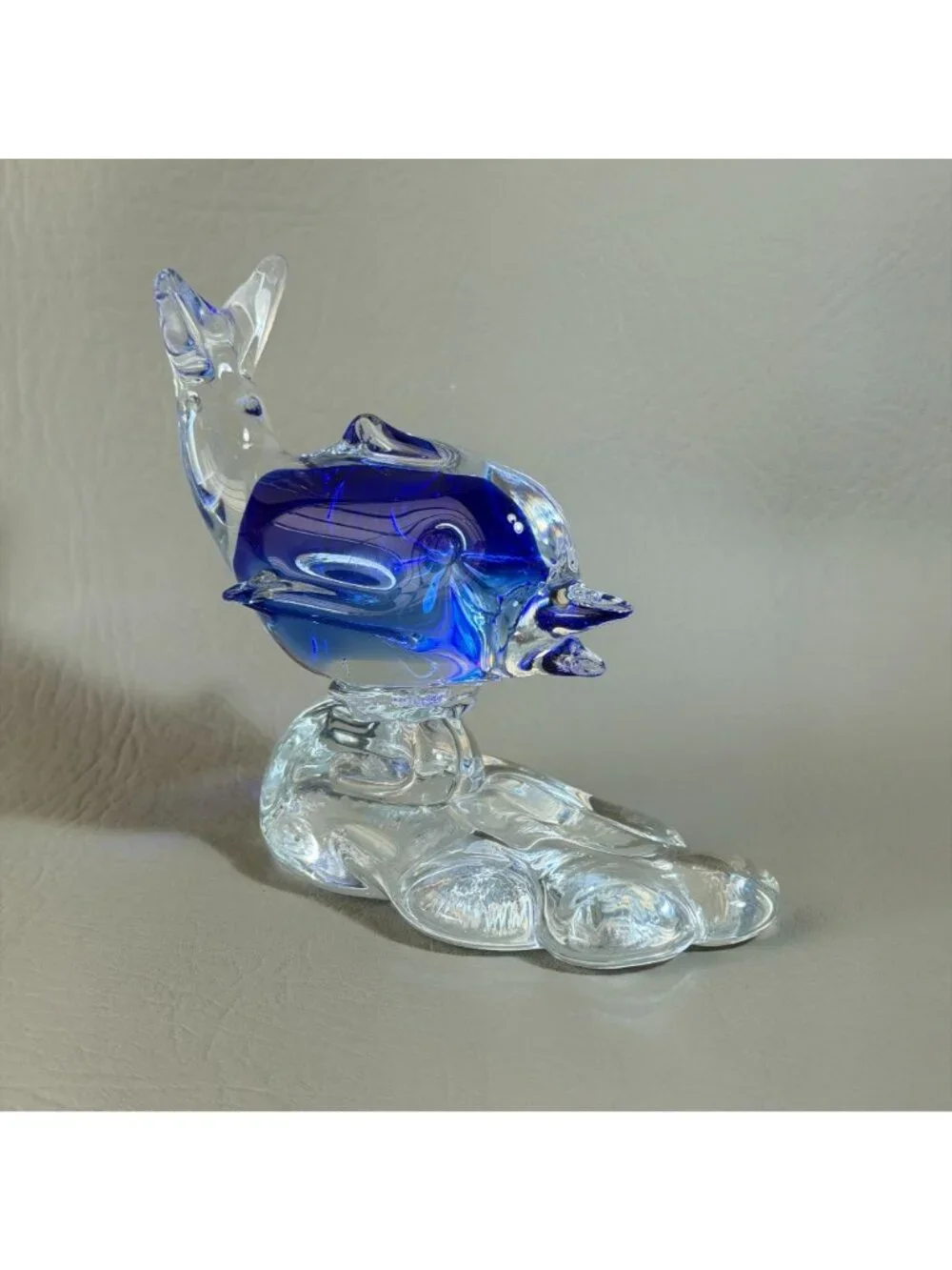 Retro Cobalt Blue Encased Glass Dolphin Figurine Abstract Wave Paperweight